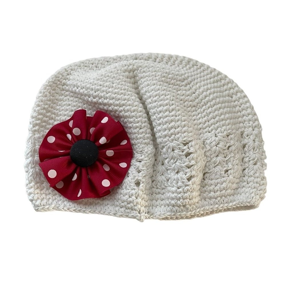 My‎ Lello Hat Handmade Beanie Little Girl Crochet White Kufi Flower New